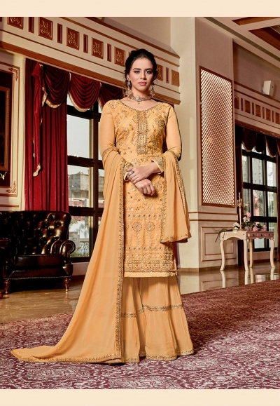 Yellow georgette embroidered sharara suit  4523